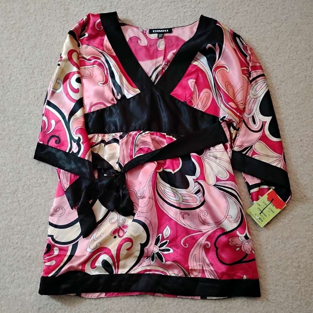 NWT Women's Dimri Pink & Black Satin Faux Wrap Top - Sz M